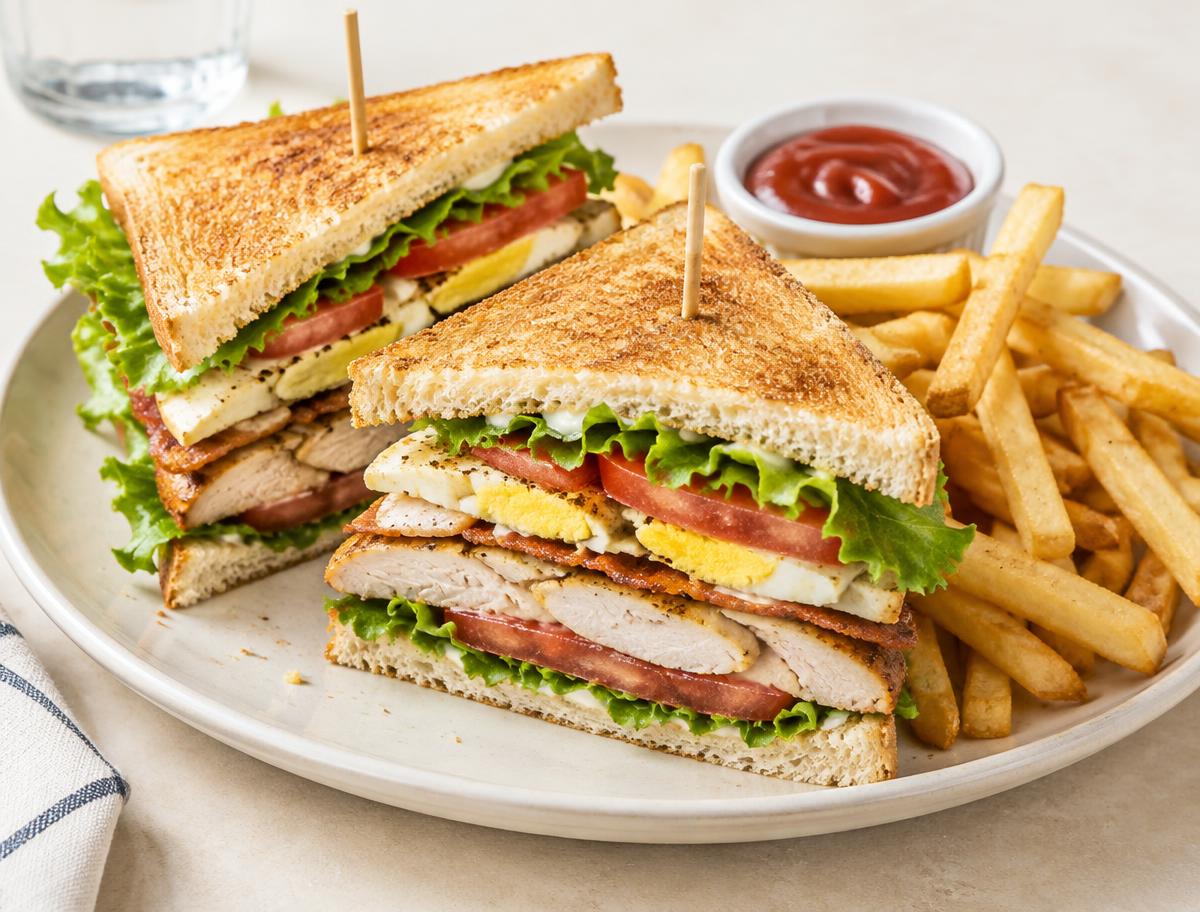 Toasted club sandwich served with crispy fries